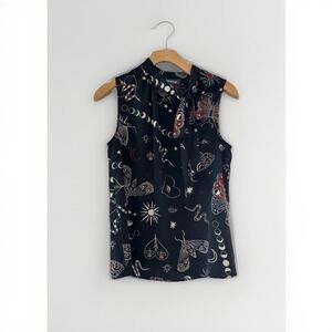 Modcloth Womens Blouse Moth Snake Star Moon S Black Pullover Goth Celestial